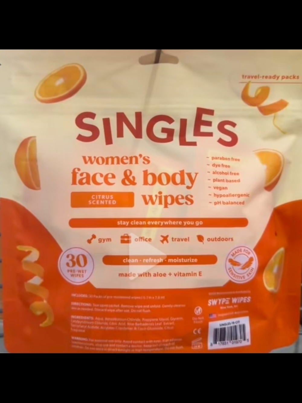 Single Women's Citrus Face & Body Wipes - Orange Scented Travel Pack
